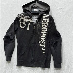Aeropostale Vintage Men’s Distressed Black Hoodie with White Print Sz S/P